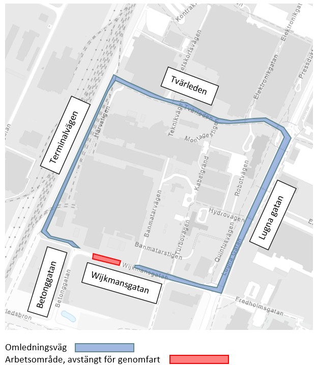 Karta med omledning av trafiken